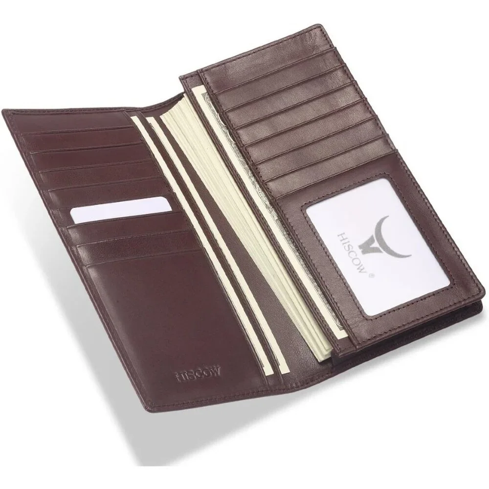 Men's Dark Coffee Full Grain Leather Long Bifold Wallet Credit Card Slots Style